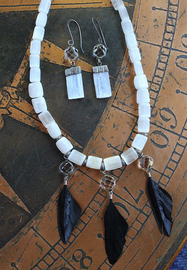 NEW! The Raven and the Moon Necklace Set w/Hand Polished Selenite Beads,Antique Faceted Rock Crystal Pools of Light Connectors