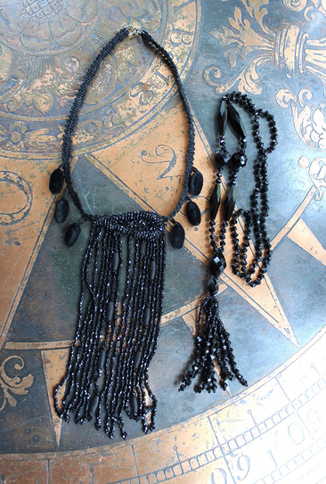 Antique French Jet Bead Necklace Set with Antique French Velvet Bobble Trim,Beaded Applique and Faceted Jet Bead Chain and Tassel