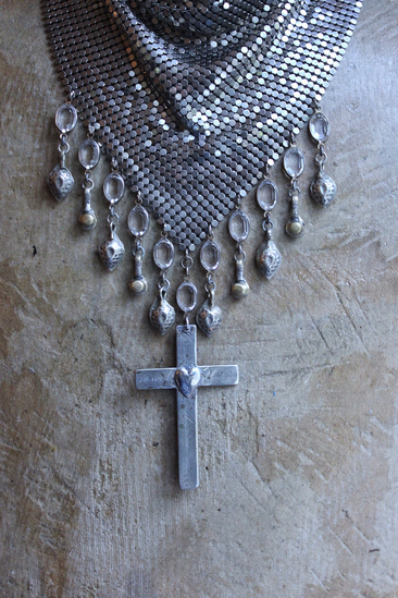 One Heart One Soul Necklace with Antique French Engraved Sacred Heart Cross,Antique Silver W & D Mesh Scarf,Bezel Oval Crystals & More!