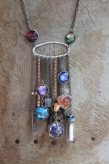 Cosmic Religion Necklace with Galaxy Cabochon Connectors, Orgonite Drops,Multiple Antique Religion Medals,Scroll Vessel