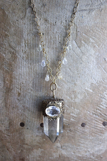 It is a Dawn Necklace w/Antique Gold Mesh Capped Light Citrine Quartz Point,Antique Faceted Rock Crystal Stone & Finding, Faceted Citrine & Clear Rock Quartz Briolletes