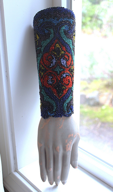 Antique Goddess Gauntlet Cuff with Amazing Antique Seed Bead Textile, Antique Ledger Journal Fabric Lining & Antique Black Fabric Covered Buttons