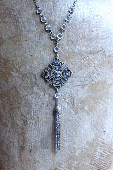 The 5 Tenets Necklace with Rare Sterling Sacred Heart "Love,Pray,Give,Work,Learn" Cross, Faceted Prong & Cup Set Crystals,Sterling Chain & Tassel