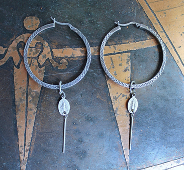 Unique Sterling 1 1/2 inch Hoop Earrings w/Engraved Hatch Design, Removable Tiny Antique Marian Medals & Sterling Bar Link Drop