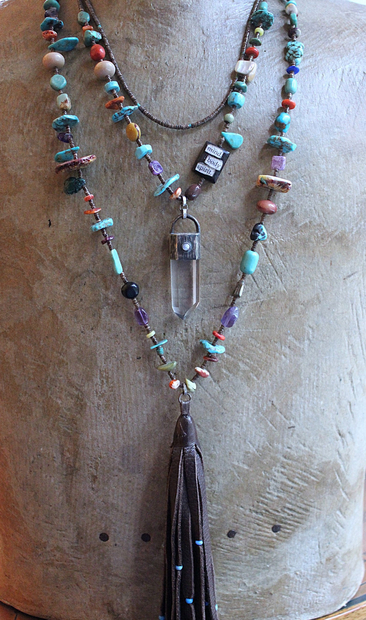 Mind, Body, Spirit Necklace Set w/Sterling Capped Water Clear Quartz Point,Butter Soft Leather Tassel & Amazing Antique Indian Beads
