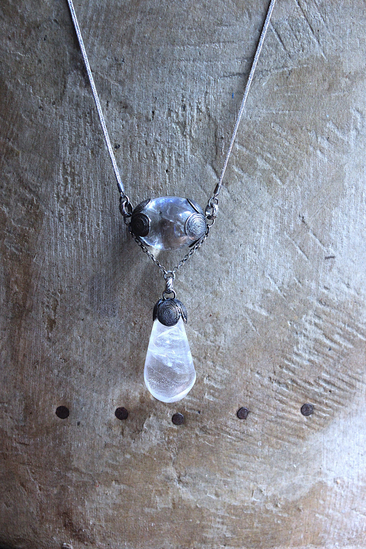 Be a Light Necklace with Unusual Antique Victorian Sterling Capped Clear Rock Quartz Findings, Sterling Capped Antique French Braided Real Metal Trim Chain
