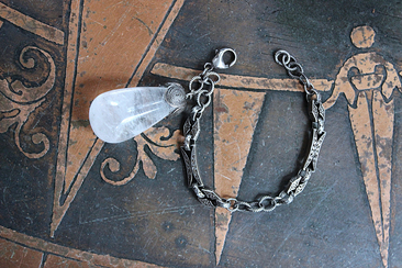 Be a Light Bracelet with Antique Victorian Sterling Capped Clear Rock Quartz Tear Drop and Antique Sterling Embossed Links