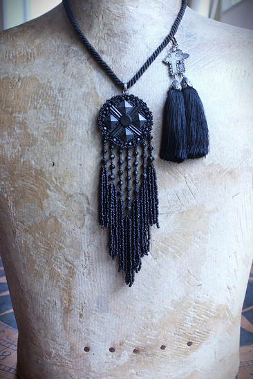 The Sorrow Necklace and Earring Set w/Antique Mourning Pendant,Antique French Engraved Crosses,Sterling Rose Capped Silk Tassels