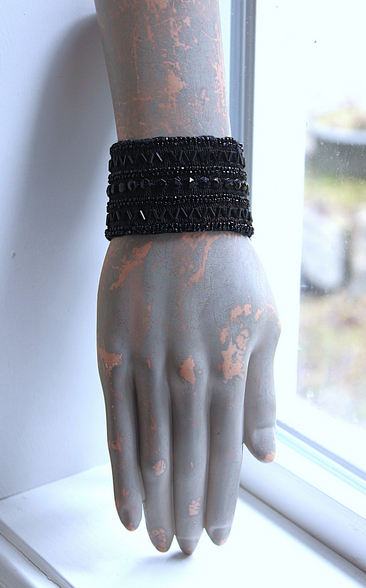 Antique European Jet Bead Trim Bracelet Cuff with Antique Jet Bead Tassel & Snaps