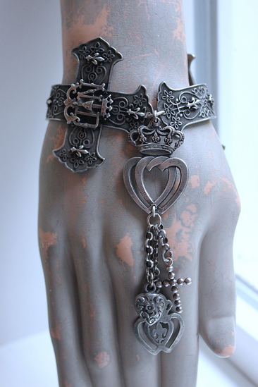 Intricately Detailed French Notre Dame Cross Bracelet with French Fleur de Lis Heart and Crown Medals, Antique Sterling Cross, Victorian Puffy Heart Drop