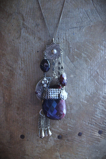 NEW! Dancing in my Blood Necklace with Amazing Large Faceted Rhodolite Garnet Pendant, Sterling Crosses, Silver Crescent Moon and More!