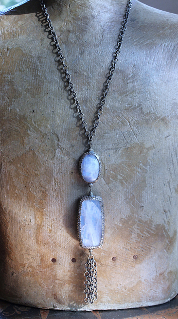On Hold for J Phases of Life Necklace with Incredible Polished Moonstone Pendants, Sterling Chain & Tassel