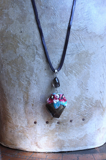 SOLD to J Where you Are Necklace with Uniquely Capped Freeform Smoky Quartz Pendant, Faceted Smoky Quartz Stone,Leather Ties