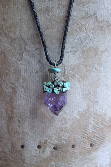 SOLD to J Inner Peace Necklace with Freeform Amethyst Point Pendant, Turquoise Heishi Beads, Distressed Braided Leather Chain