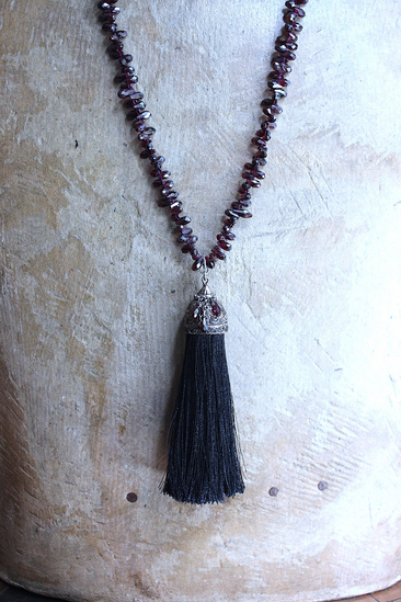 NEW! Courage and Hope Necklace with Hundreds of AAA Faceted Almandine Tear Drops, Unique Black Silk Tassel