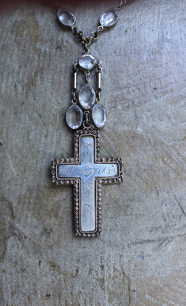 NEW! Antique French Sterling & Gold Engraved Flaming Sacred Heart Nun's Cross Necklace with Faceted Oval Bezel Set Crystals and Antique Link Chain