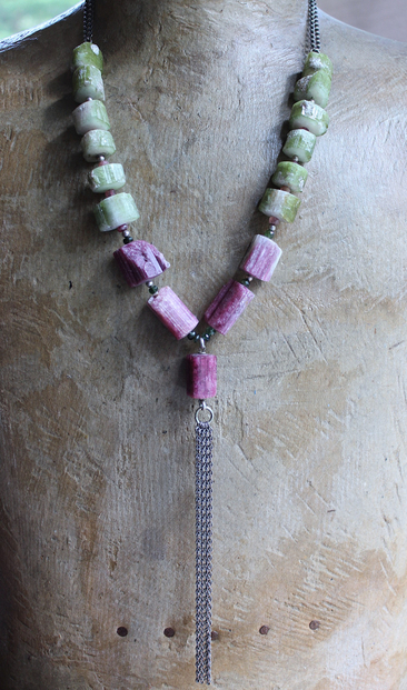 ON HOLD FOR J Rare Barrel Cut Green and Pink Tourmaline Necklace w/Faceted Tourmaline Rondelles, Sterling Beads, Sterling Tassel & Chain