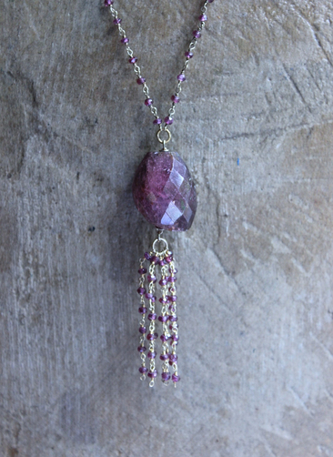 NEW! Large Checkerboard Faceted Deep Pink Tourmaline Gemstone Necklace with 14K Gold Filled Pink Tourmaline Tassel & Chain