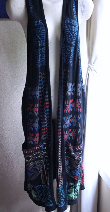 Vintage Biya by Johnny Was Long Embroidered Open Front Vest with Front Pockets