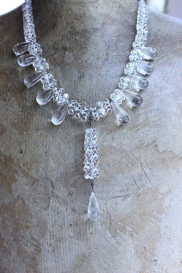 When you Can't Find the Words Necklace with Polished Clear Rock Quartz Tear Drops, Faceted Rock Quartz Crystal Beads, Sterling Chain