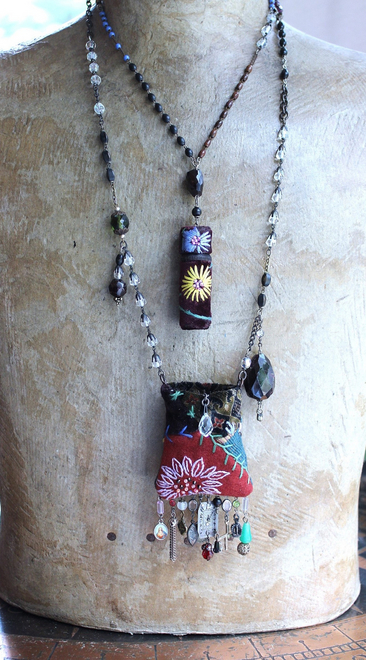 The Past Necklace Set with Antique Crazy Quilt Textile Pouch & Needle Holder, Antique Rosary Fragments,Faceted Garnet & More!