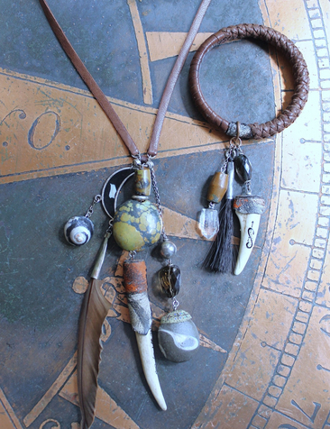 NEW! The Art of God Necklace and Bracelet Set with Uniquely Capped Elk Antler Points, Royston Turquoise, Rare Spiral Shell Fossil,Faceted Smoky Quartz & More!