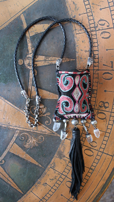 Antique Embroidered Textile Pouch Necklace with One of a Kind Clear Rock Quartz Stone,Antique Sterling Beads,Silver Capped Clear Quartz Points