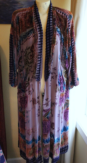RARE Vintage Hand Dyed Silk Velvet URU Duster with Shawl Collar, Patch Pockets