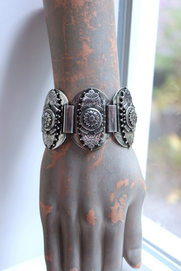 Unique Antique Silver Panel Bracelet with Rare Tiny Antique Sterling Vinaigrette, Rare Antique Sterling 800 Medal, Antique Sterling Cross & More!