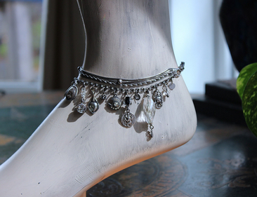 Unique 5 Strand Anklet w/21 Vintage & Antique Dangles - Unusual Sterling Spare $ Locket,Faceted Rock Quartz Point & Drop - and Much More!