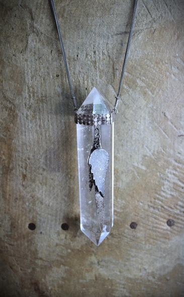 NEW! Water Clear Double Terminated Rock Quartz Point Necklace w/Antique Sterling Mesh Collar, Crystal Druzy Wing, Sterling Drops & 3 Strand Sterling Chain
