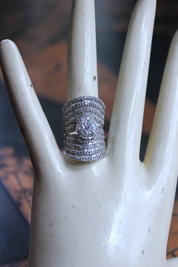 Amazing Wide 18K White Gold Diamond Ring with 18 Rows of Round & Baguette Diamonds and Square Princess Cut Diamond 