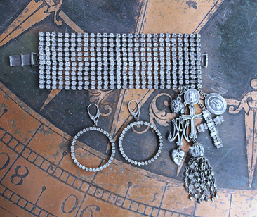 NEW! Antique 12 Row Faceted Prong Set Rhinestone Bracelet & Earring Set w/French Engraved Nun's Medal,Rhinestone Tassel,French Sacred Heart Cross & More!