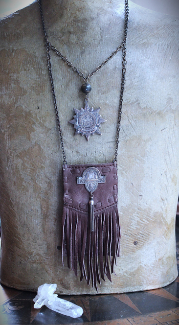 NEW! Unusual Leather Pouch Necklace with Rare 1907 IOOF Medal Set, OOAK Multi Terminated Clear Rock Quartz Crystal Point,Vintage Chain Tassel and Link Chains