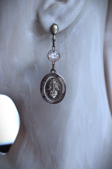 Rare Matching Gold Bronze Engraved Nun's Medal Earrings with Bezel Set Open Back Crystal Connectors 