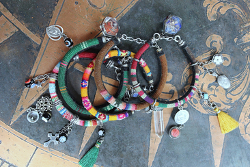 NEW! Set of 5 Woven Serape Textile & Sterling Stacking Bracelets with Multiple Drops & Dangles - lots of Sterling & Unique Pieces!