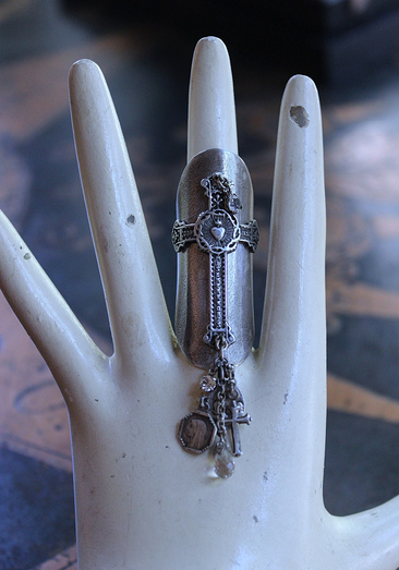 NEW! Unique Wide Sterling Ring with Antique French Medals, Crosses & Tiny Faceted Rock Crystals - size 7 1/4