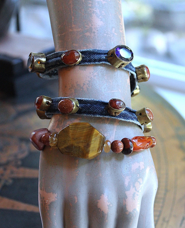 NEW! Rustic Distressed Denim Coil & Gemstone Bracelet Set with Hand Stitched Antique Brass Set Faceted Polished Gemstones