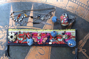 NEW! Antique Hmong Textile Cuff Bracelet & Necklace Set w/Freeform Citrine Point,Vintage Fragment Chain,Hand Stitched Beads