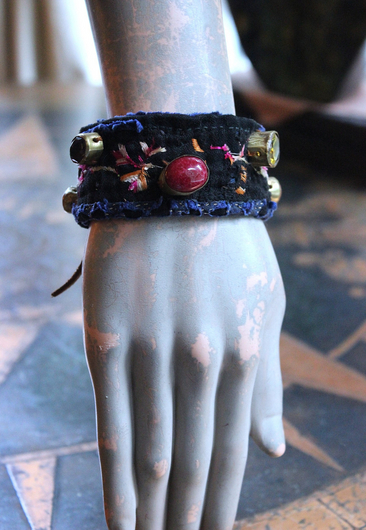 NEW! Antique Embroidered Hmong Textile Cuff Bracelet with Hand Sewn Brass Set Gemstones 