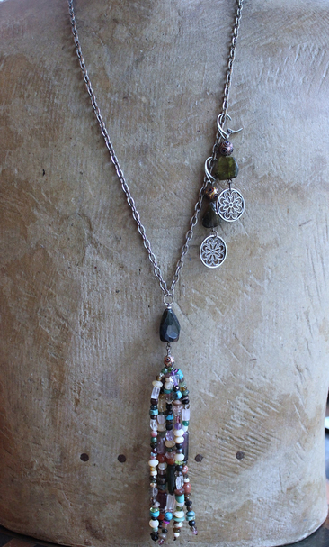 NEW! Multi Gem Tassel Necklace & Earring Set w/Barrel Cut Bi Color,Pink & Green Tourmaline,Antique Enamel Beads, Sterling Findings &  More!