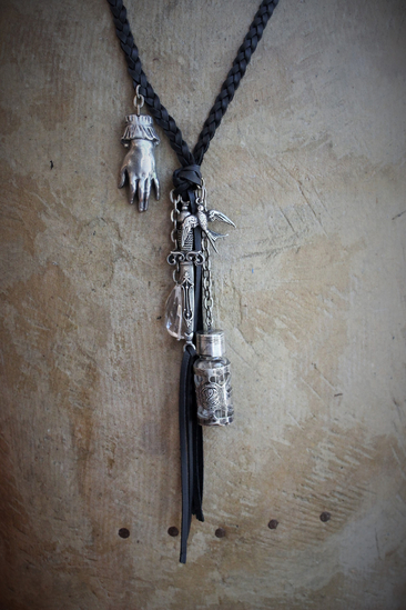 The Wound Necklace w/Long Soft Braided Suede Leather,Antique Sterling Oil/Prayer Vessel,Figural Hand,Bird,Sword + Faceted Rock Crystal