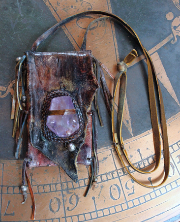 NEW! Hand Dyed Antique Leather Pouch Necklace with Free Form Amethyst Gemstone, Sterling Beads & Long Hand Dyed Leather Ties
