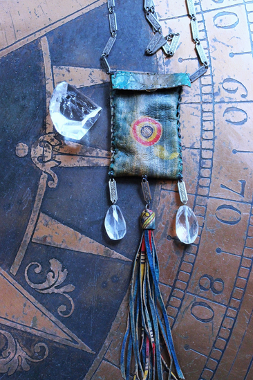 NEW! Antique Hand Painted Tuareg Pouch Necklace with Free Form Clear Rock Quartz Stone,Faceted Rock Quartz Connectors, Embossed Link Chain