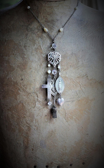  Our Mother Necklace w/RARE Tiny Sterling Ex Voto Locket,Sterling Mother's Heart Medal,Penin Marian Medal,Antique Sterling Nun's Cross