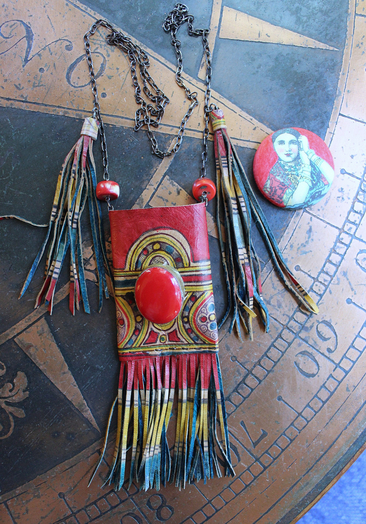 NEW! Antique Hand Painted Tuareg Pouch Necklace with 2 Tassels, Antique Brass Set Red Coral Cabochon, Red Coral Beads & Vintage Pocket Mirror