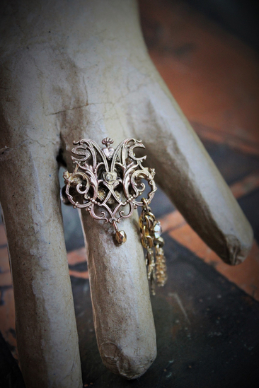 Spiritus Sancti Ring w/Antique Holy Spirit Dove,Antique Sterling Vermeil Cross,Gold Fill Chain Tassel,Vintage Faceted Rhinestone Connector