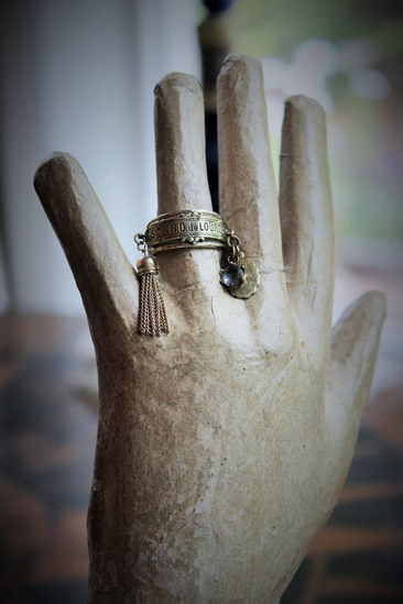 Our Lady Ring w/Antique French Souvenir de Notre Dame de Lourdes Plaque,10K Gold Band,Tiny Antique Gilt Marian Medal,Antique Tassel & Prong Set Crystal