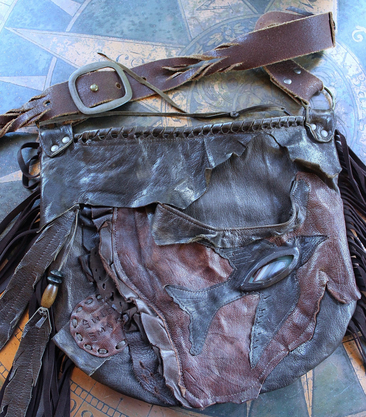 NEW! Rare Vintage Free Bird Sweet Smoke Leather Bag with Polished Agate, Fringe and Front Pocket