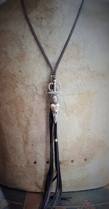 So Many Pains Necklace w/Amazing Bronze Pierced Heart and Sword Pendant,Leather Tassel, Leather Ties
